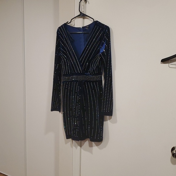 Windsor Royal Blue Velvet Rhinestone Wrap-Front Long Sleeve Dress - Picture 2 of 5